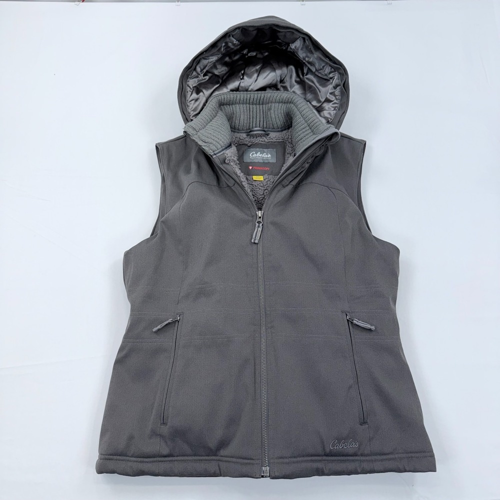 Cabela's Sherpa Fleece Lined Vest‎ Womens Medium Primaloft Insulated Hooded Zip